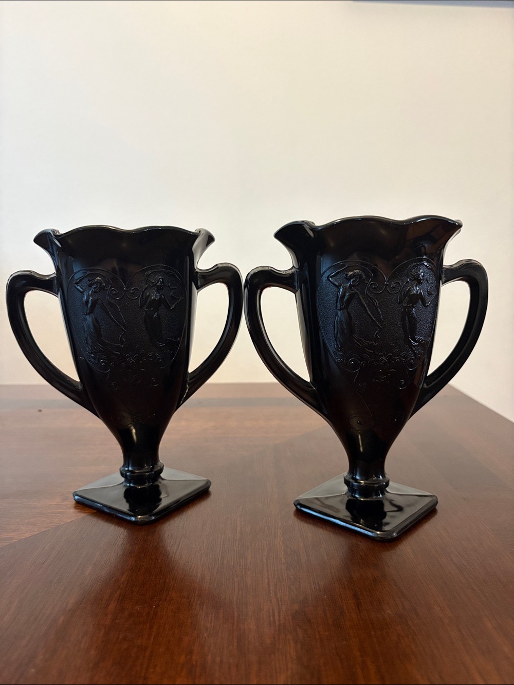 Vintage L.E. Smith Black Amethyst Trophy Vase Dancing Nymphs 7"1930's SET